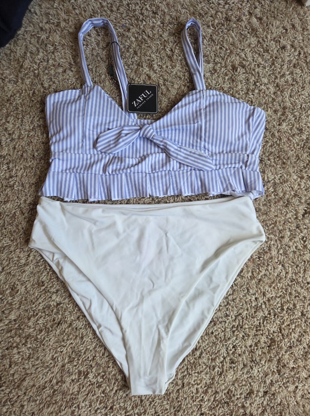 Zaful Blue-White Striped Ruffle High Waisted Swimsuit
